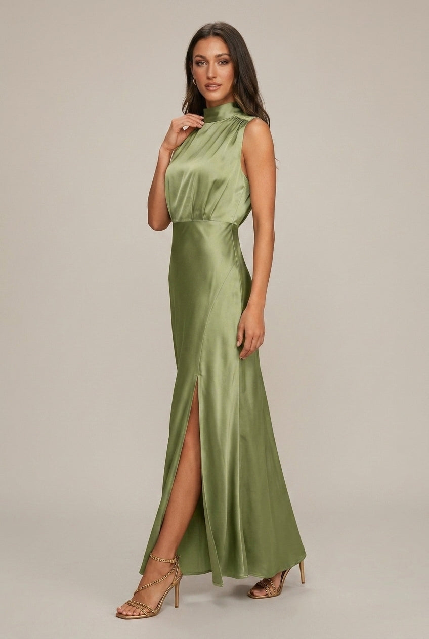 Women's Satin Maxi Dress Mock Neck