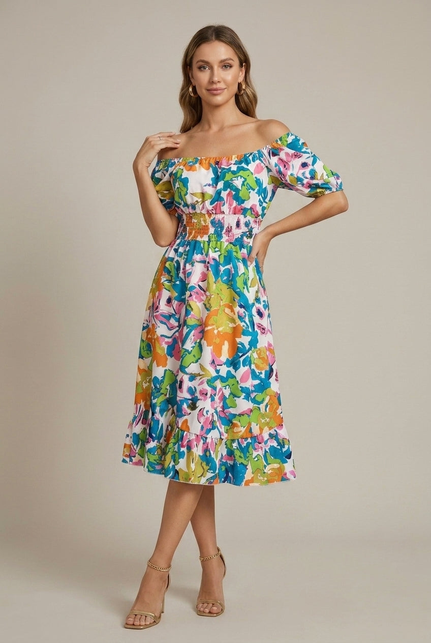 Women's Off Shoulder Floral Midi Dress - Puff Sleeve - Smocked Waist - Thigh Slit