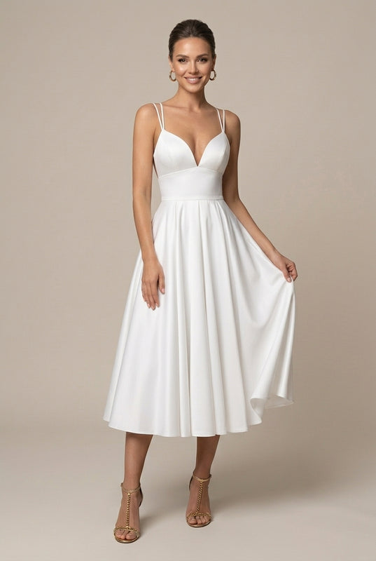 Women's V-Neck Midi Dress - Flowy A-Line Skirt - Double Strap