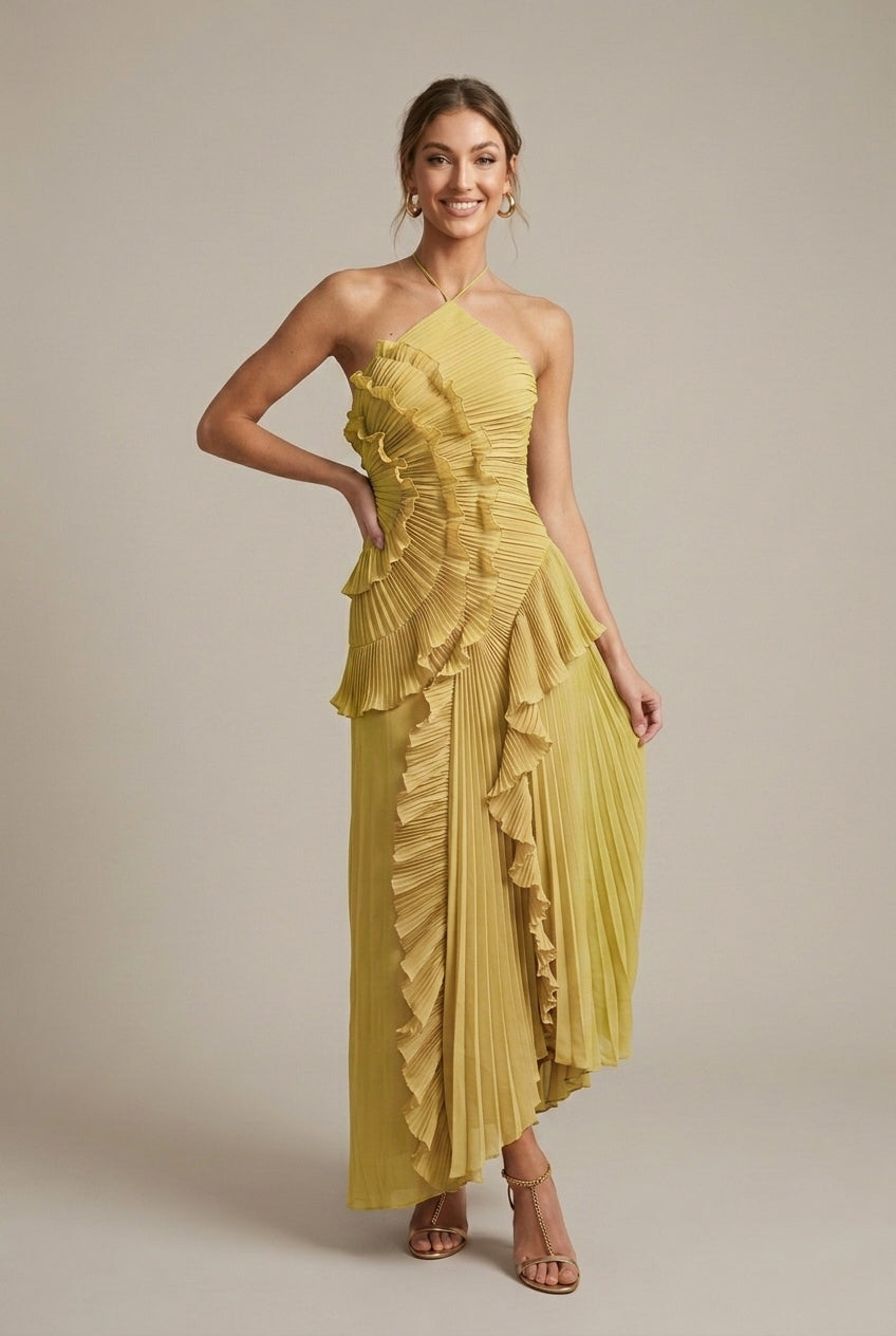 Women's Halter Ruffle Pleated Maxi Dress - Cross Back Straps