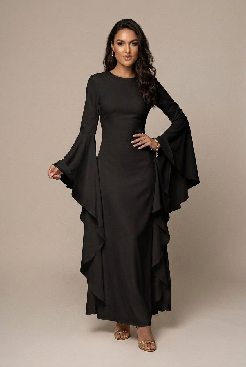 Damen-Maxikleid mit Rundhalsausschnitt und dramatisch ausgestellten Ärmeln
