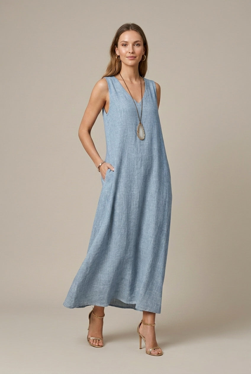 Women's Linen Midi Dress V-Neck