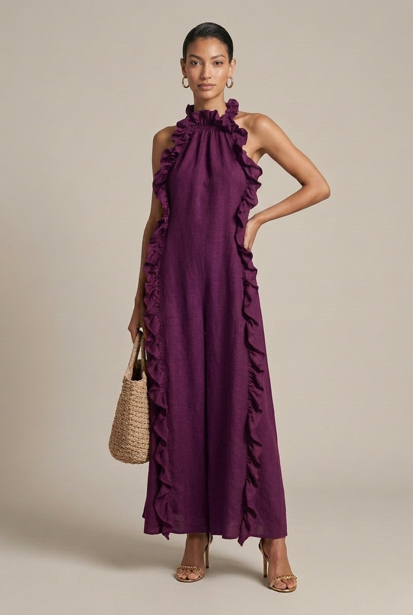 Women's Linen Blend Halter Neck Maxi Dress