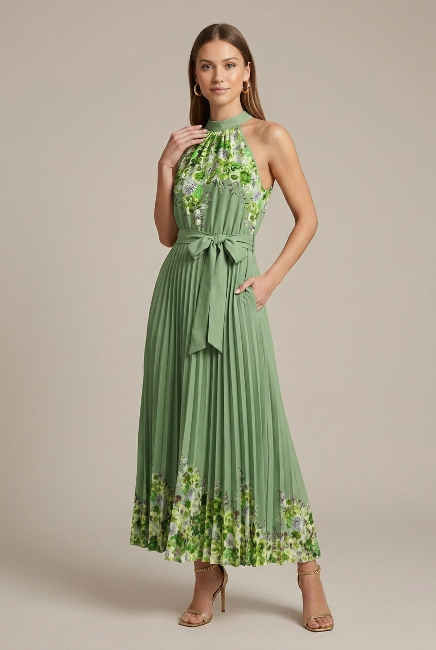 Women's Floral Print Pleated Maxi Dress - Sleeveless Tie Waist