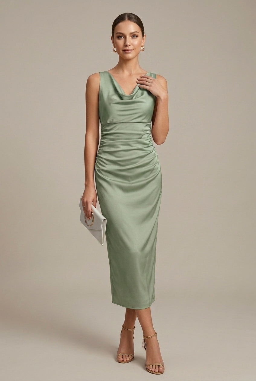 Women's Satin Midi Dress Cowl Neck