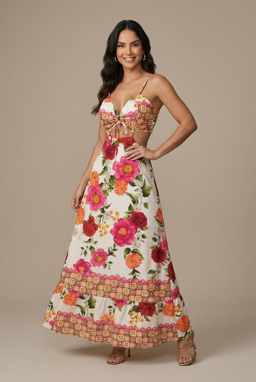 Women's Bohemian Floral Print Spaghetti Strap V-Neck Maxi Dress
