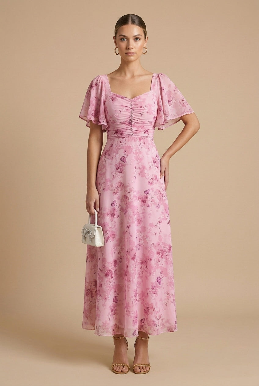 Women's Floral Maxi Dress with Square Neck - Flutter Sleeves and Ruched Bodice