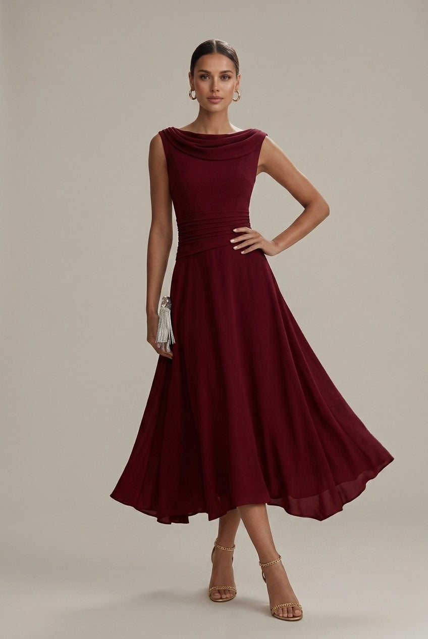 Women's Sleeveless Cowl Neck Midi Dress - Pleated A-Line Skirt - Ruched Waist