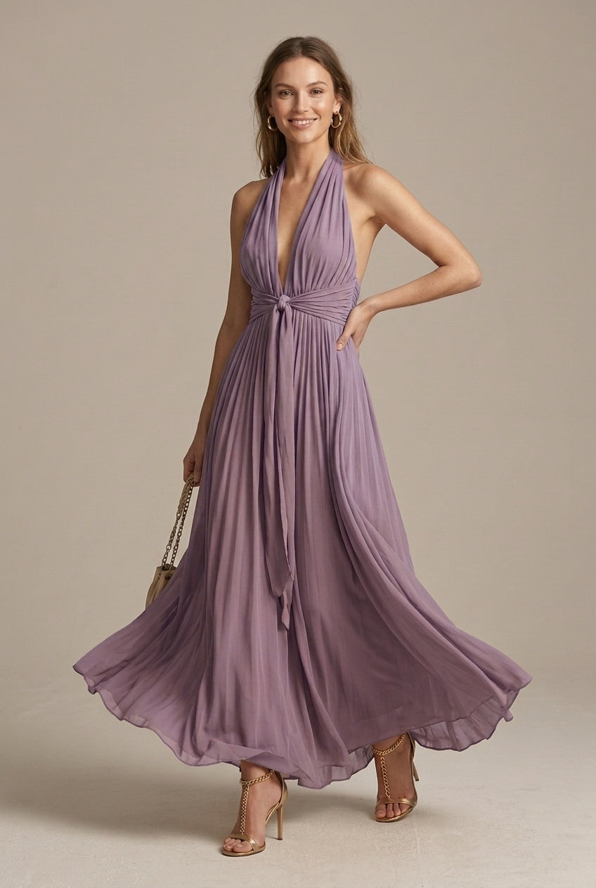 Women's Plunging V Neck Halter Maxi Dress Backless