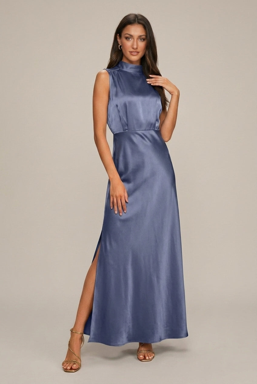 Women's Satin Maxi Dress Mock Neck