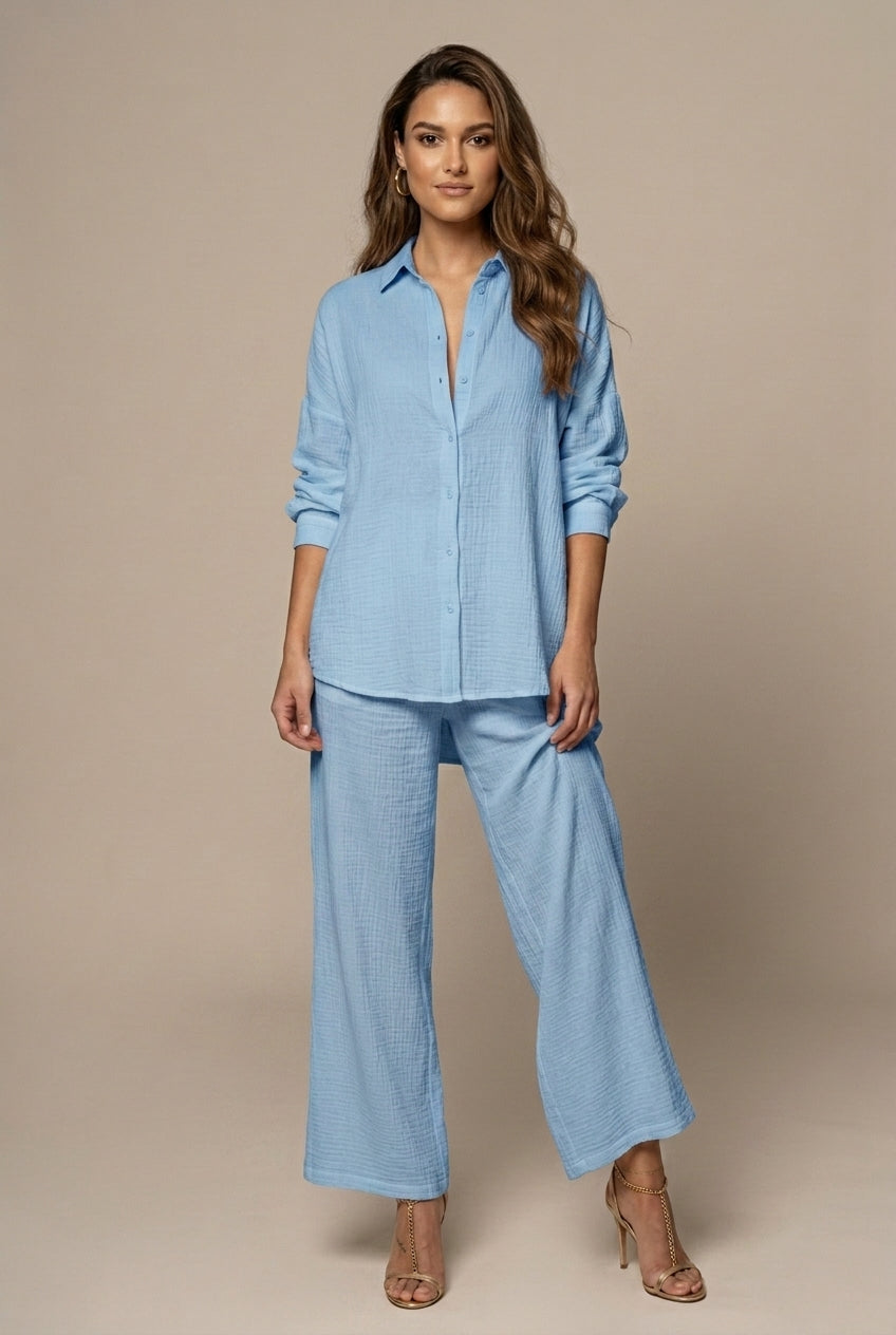 Women's Two-Piece Set Button-Front Shirt Wide Leg Pants