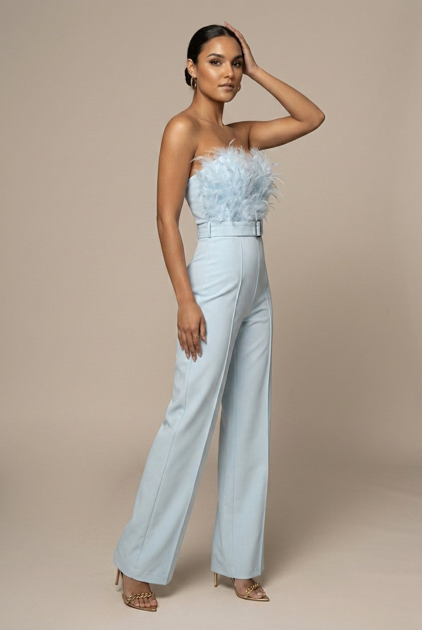 Women's Strapless Feather Detail Belted Wide Leg Jumpsuit