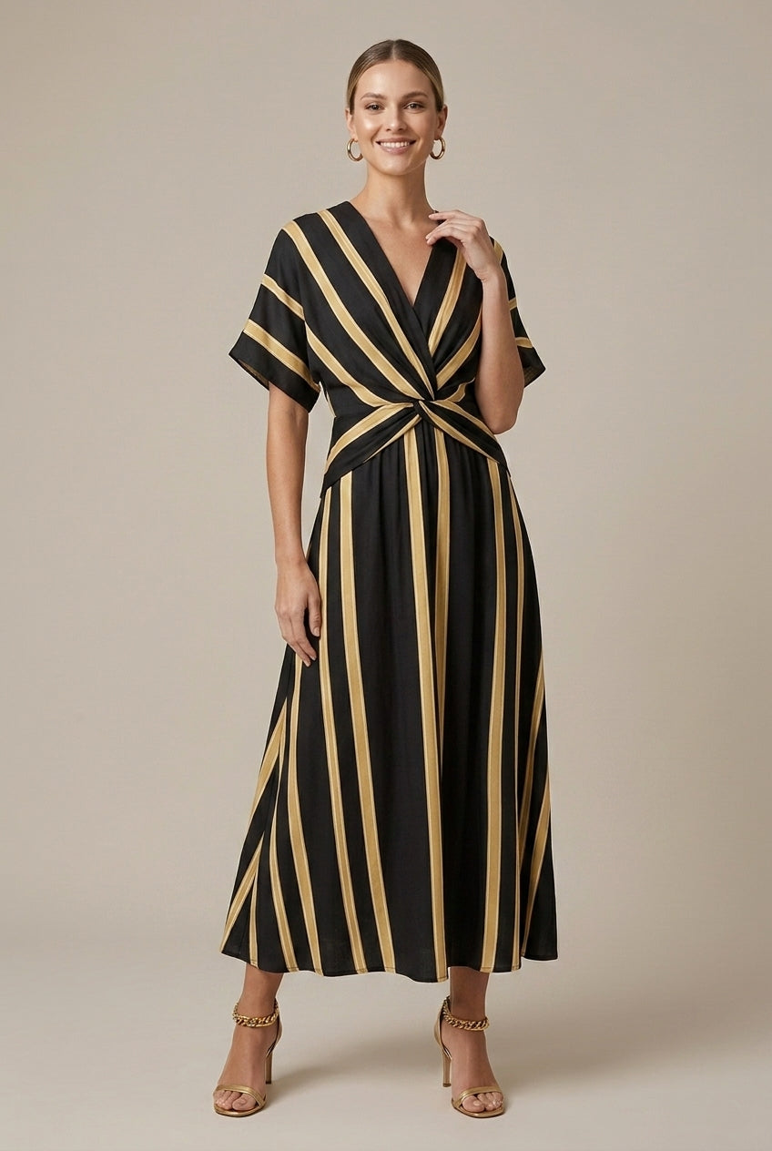 Women's Striped Maxi Dress Wrap Short Sleeve V-Neck