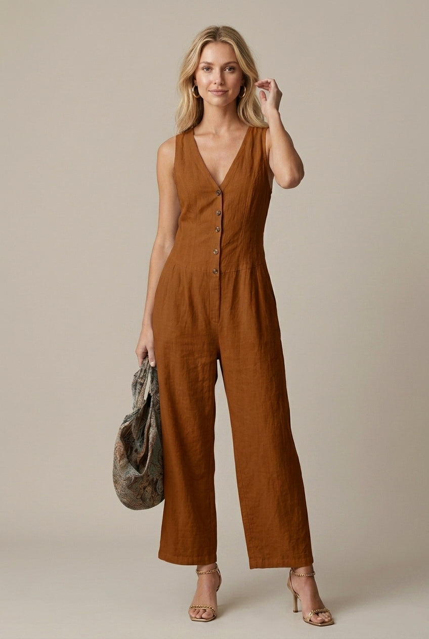 Women's Sleeveless V-Neck Button Front Wide Leg Jumpsuit
