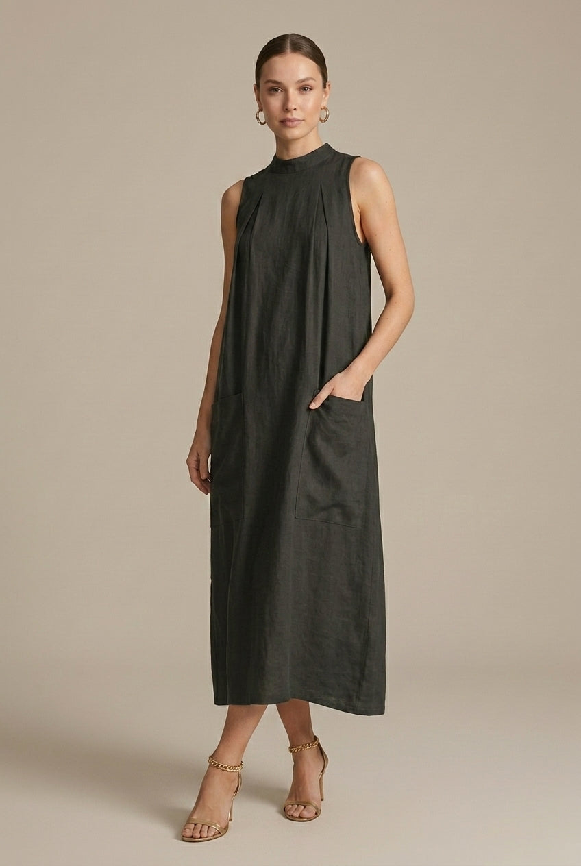 Women's Linen Maxi Dress Sleeveless Stand Collar