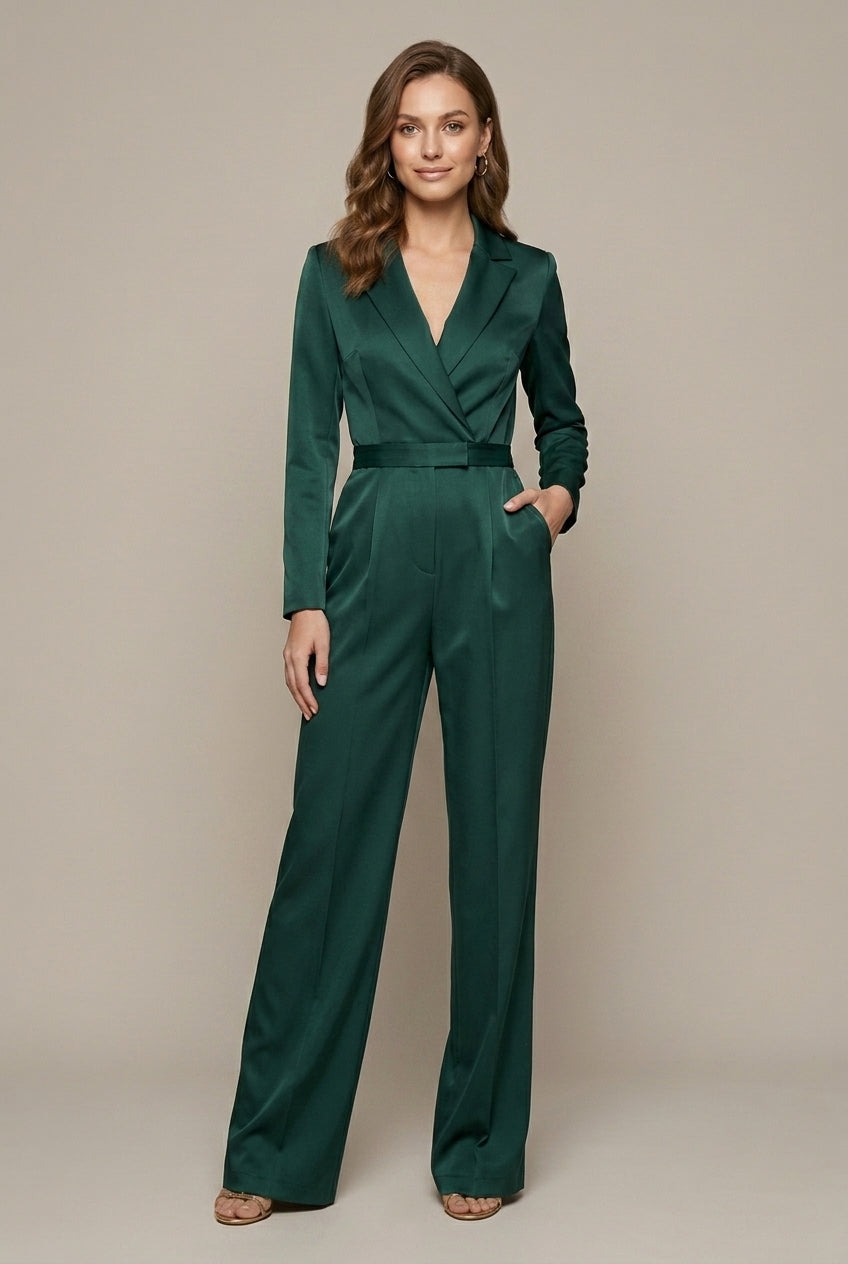 Women's Long Sleeve V-Neck Wide Leg Wrap Jumpsuit with Belt