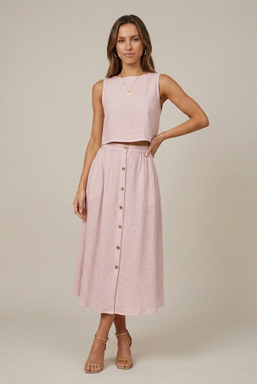 Women's Linen Two-Piece Skirt Set Sleeveless Crop Top