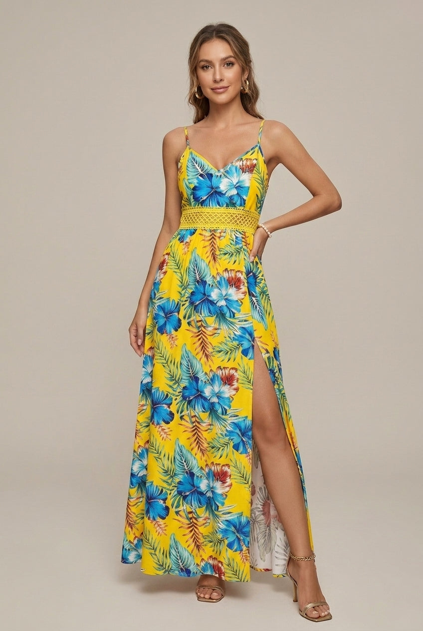 Women's Floral Maxi Dress Spaghetti Strap Crochet Waist
