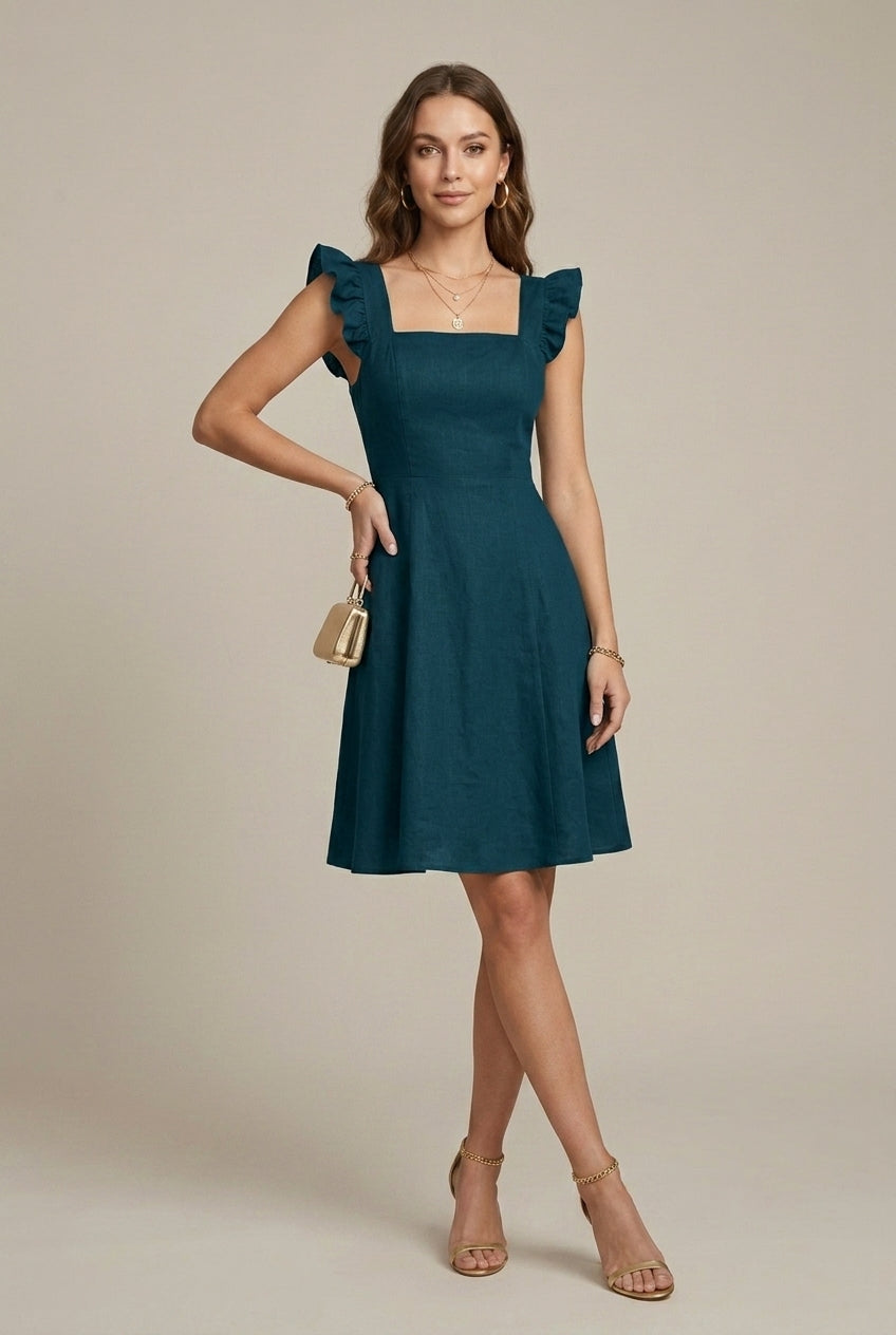 Women's Square Neck Mini Dress - Ruffle Sleeves - Tie Back