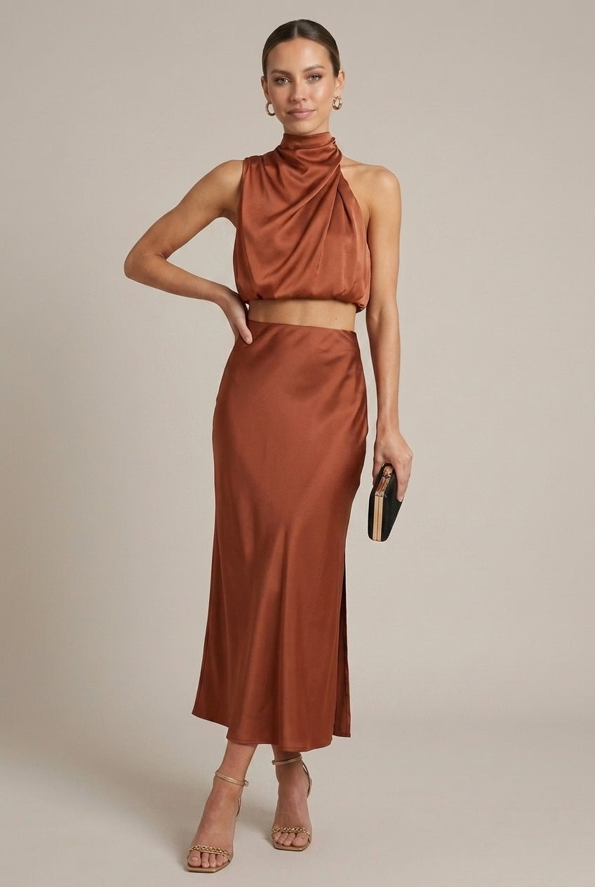 Women's Satin Two-Piece Set Halter Neck Crop Top Maxi