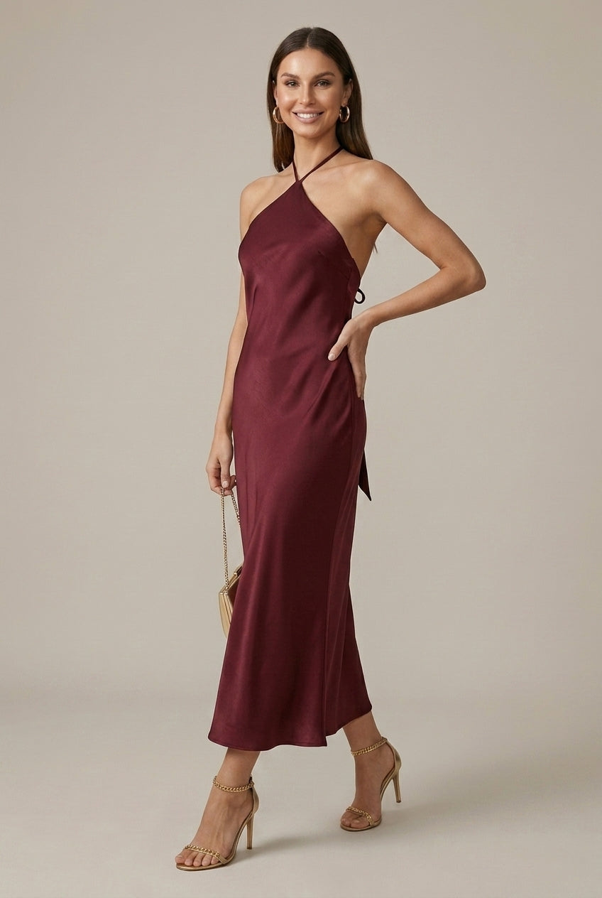 Women's Halter Neck Satin Maxi Dress with Open Back Detail