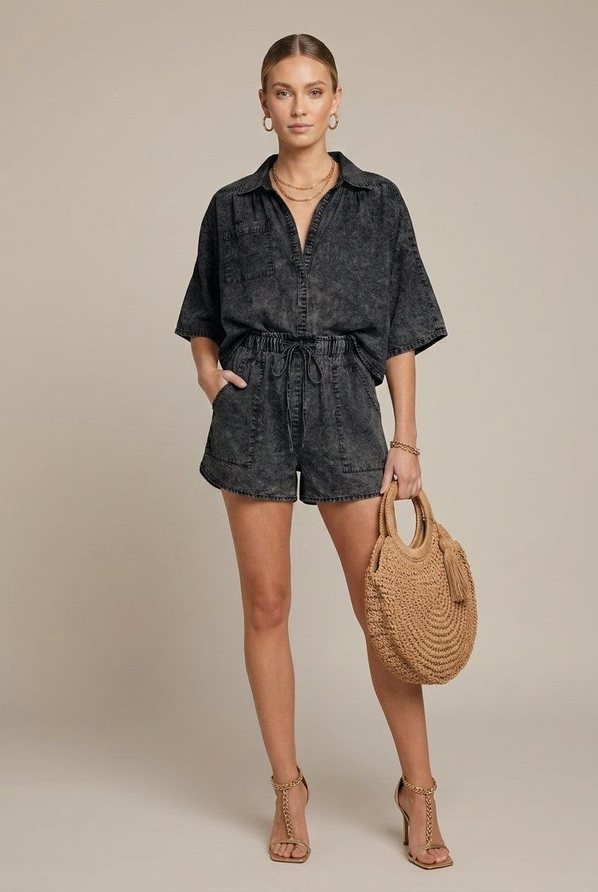 Women's Denim Two Piece Set - Button Down Shirt - Drawstring Shorts