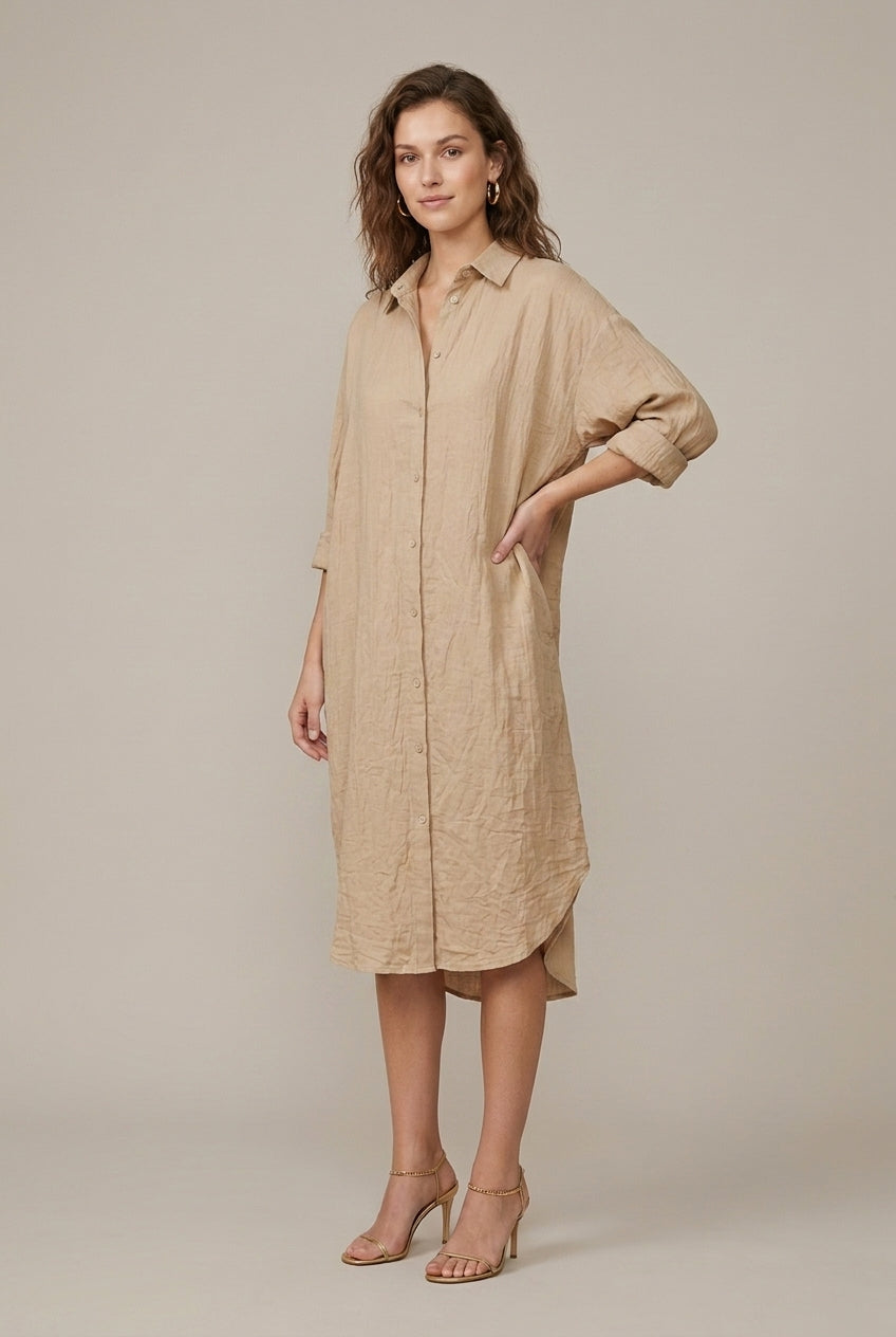 Women's Linen Shirt Oversized Midi Dress