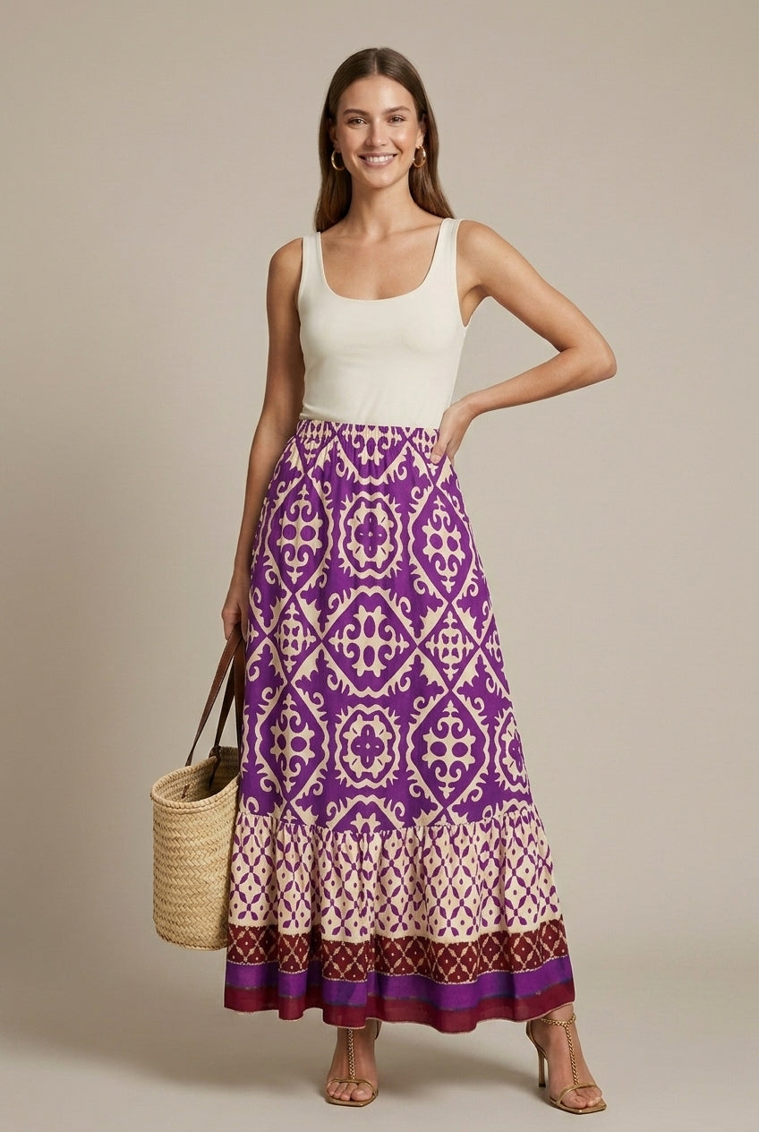 Women's Printed Tiered Maxi Skirt with Elasticated Waist