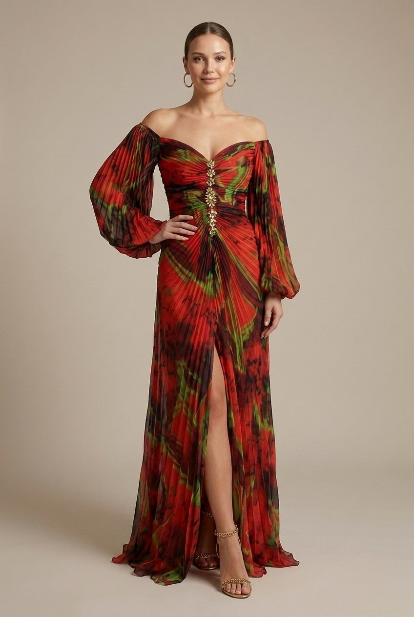 Women's Tie-Dye V-Neck Puff Sleeve Lace-Up Front Maxi Dress