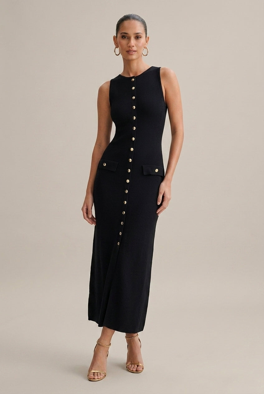 Women's Knit Maxi Dress Sleeveless Front Button Detail