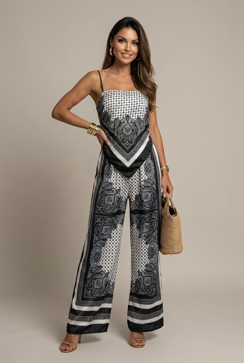 Women's Printed Lace-Up Top - Matching Pants Two Piece Set