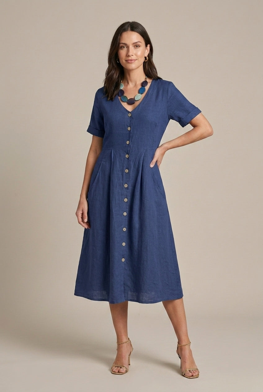 Women's V-Neck Short Sleeve Midi Dress with Button Front