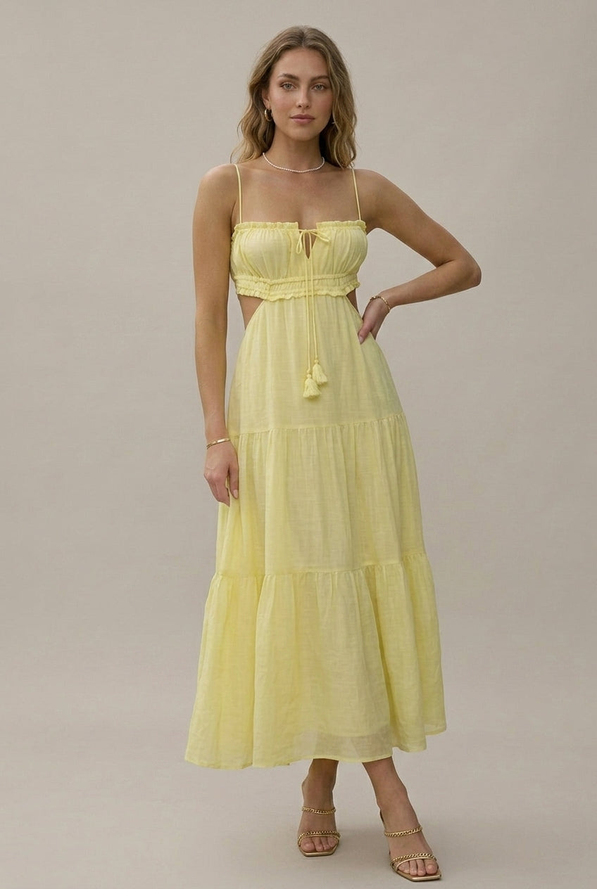 Women's Spaghetti Strap Cutout Tiered Maxi Dress - Tassel Tie