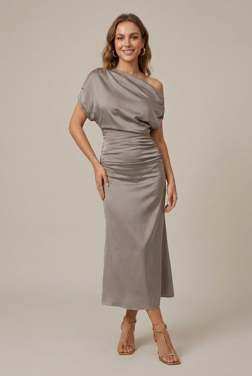 Women's Off Shoulder Asymmetrical Sleeve Side Split Midi Dress
