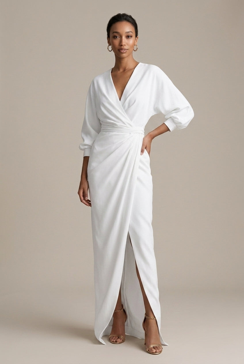 Women's Elegant Wrap Maxi Dress - Balloon Long Sleeves