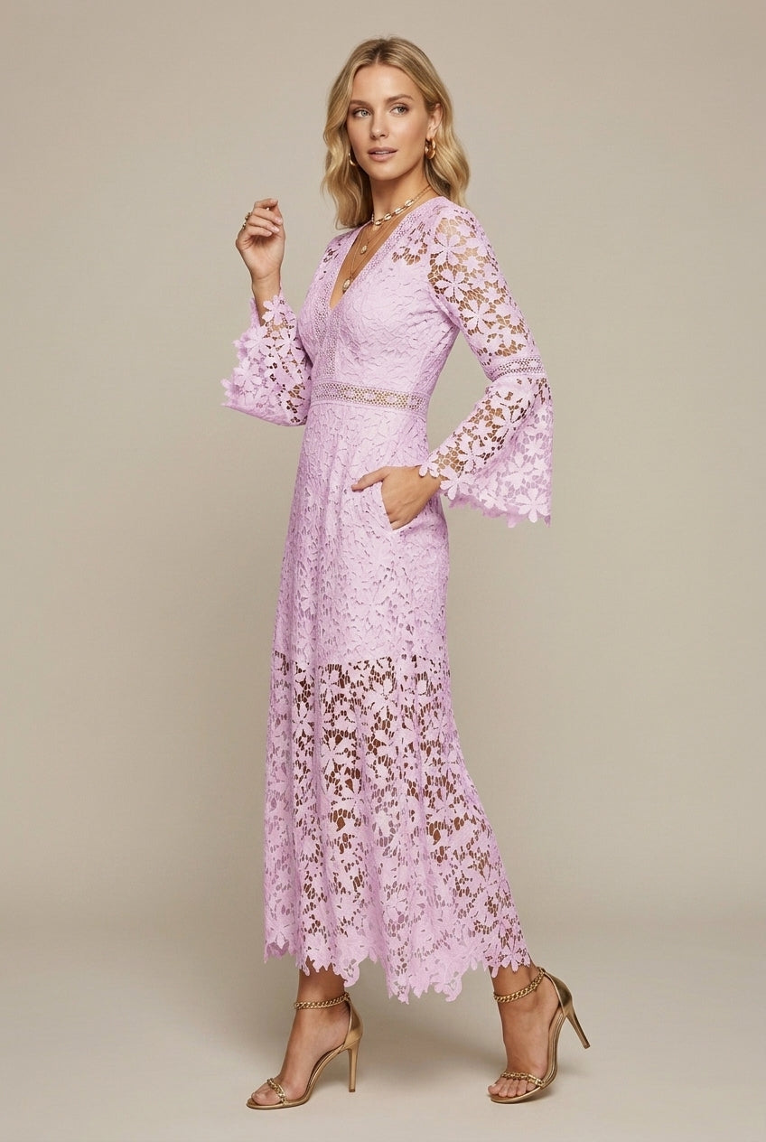 Women's Wedding Guest Lace Long Sleeve V-Neck Maxi Dress with Flared Hem