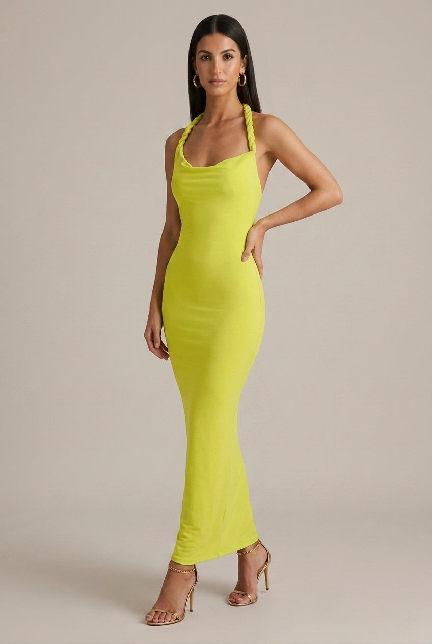 Women's Halter Neck Backless Maxi Dress - Ruched Bodycon - Open Back
