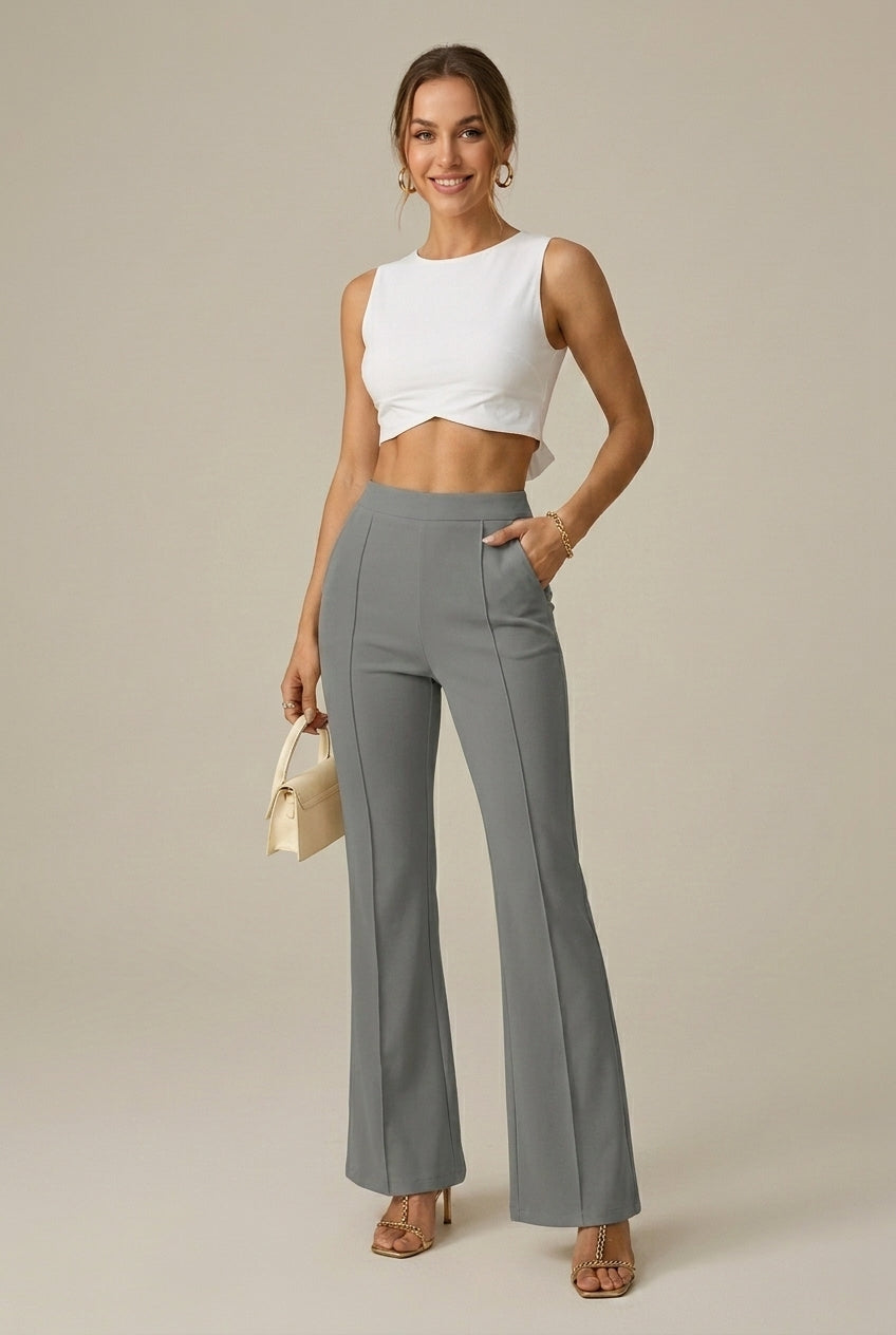 Women's High Waisted Flared Wide Leg Pants - Stretchy Trousers