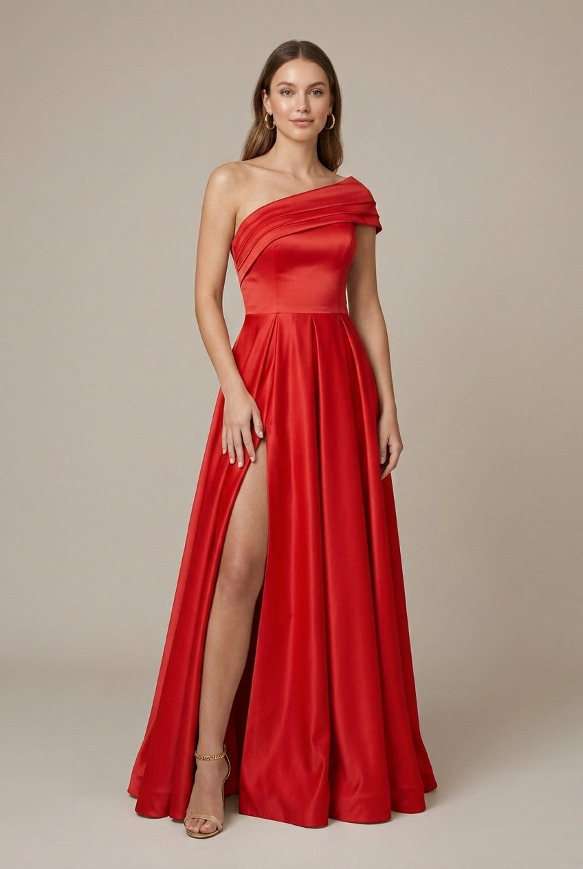 Women's Satin Maxi Dress - Assymetrical Ruched Neckline - Pleated A-Line Skirt - Thigh Slit