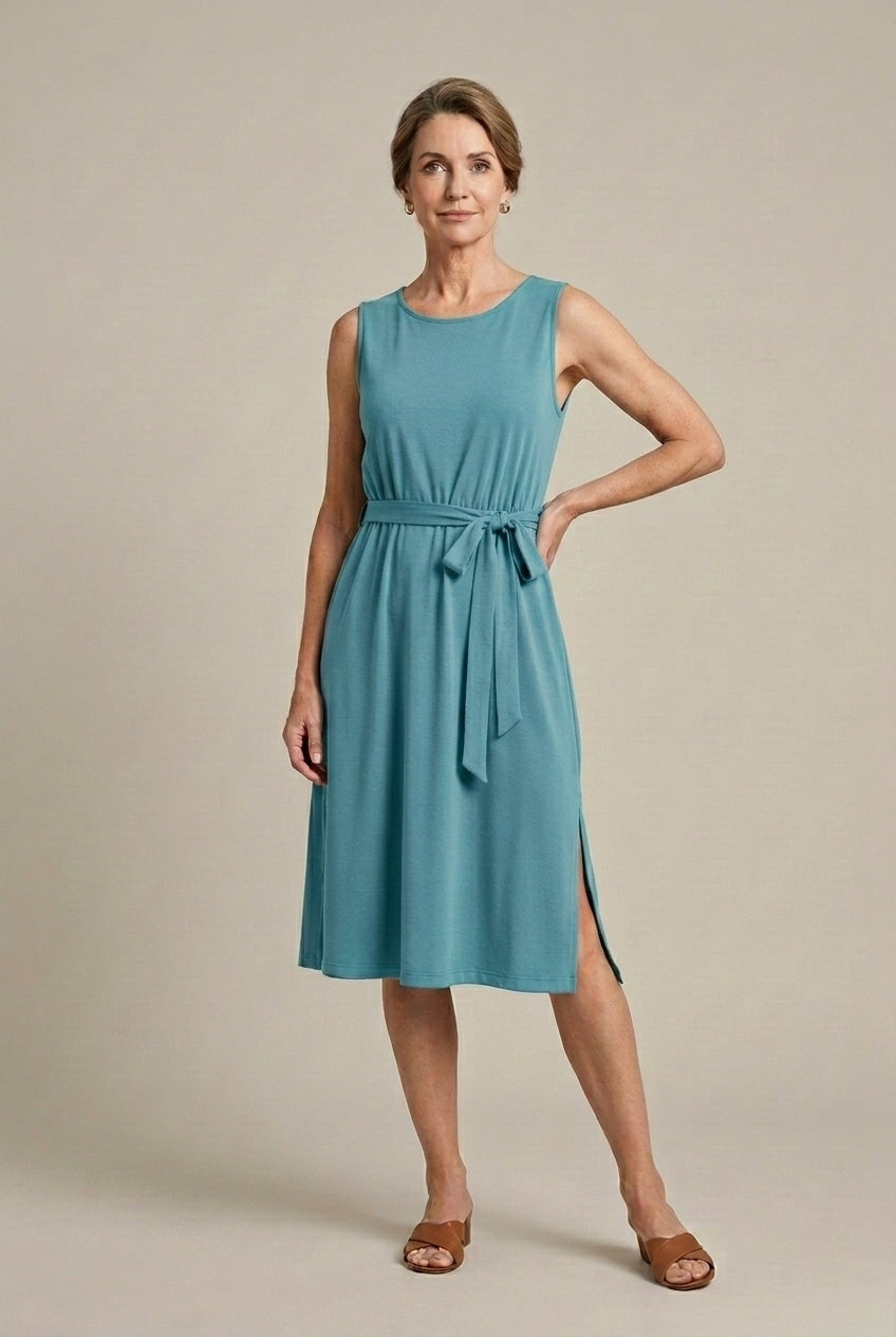 Women's Sleeveless Belted Midi Dress with Side Slit - Summer Dress