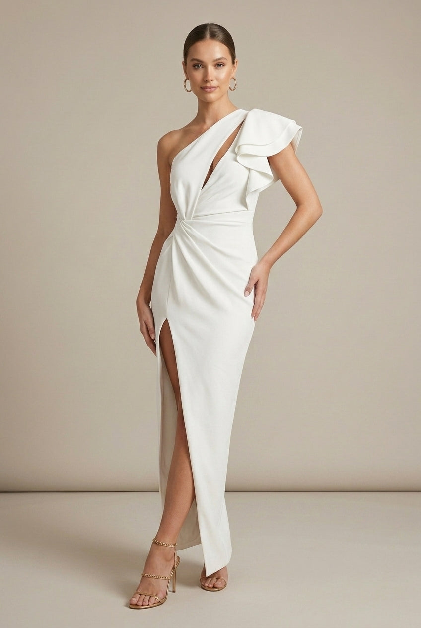 Women's One Shoulder Ruffle Sleeve Side Slit Midi Dress