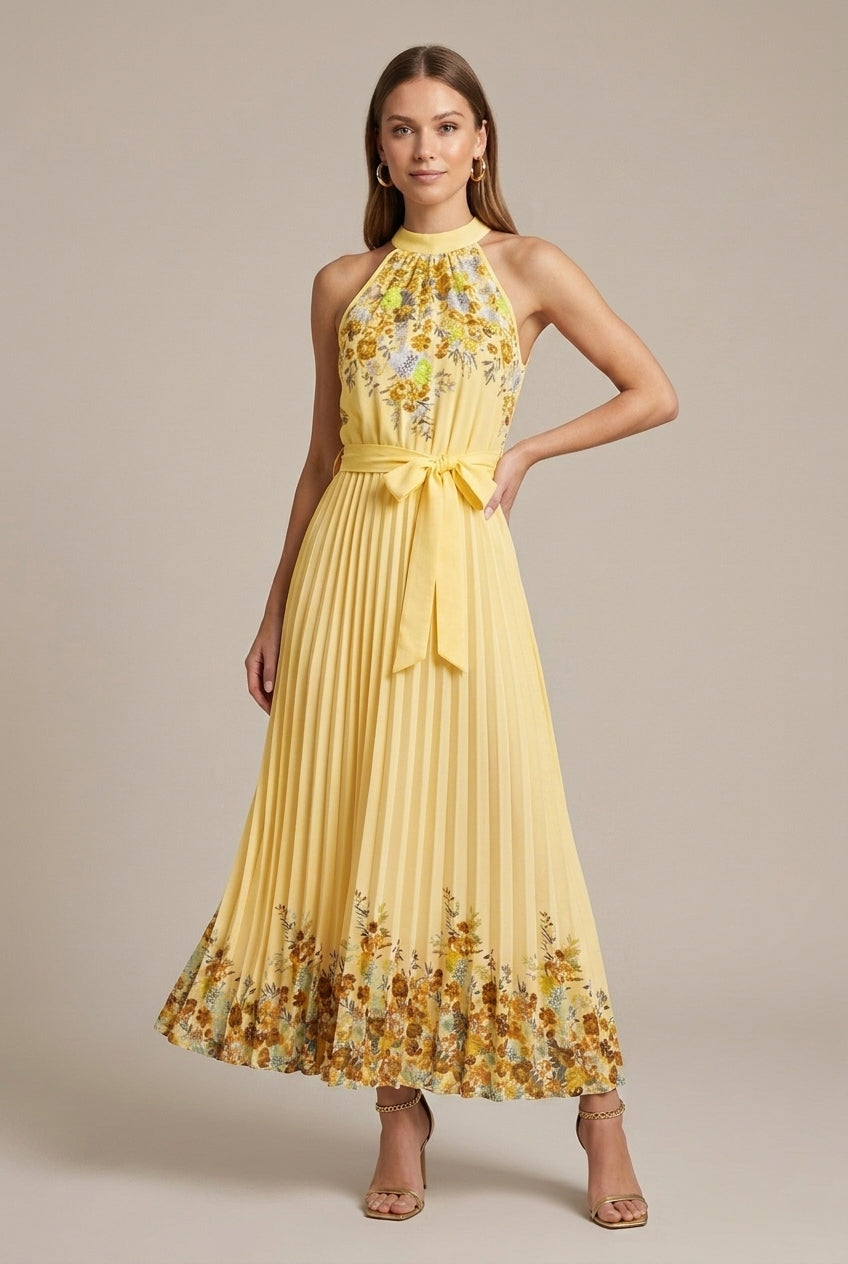 Women's Floral Print Pleated Maxi Dress - Sleeveless Tie Waist