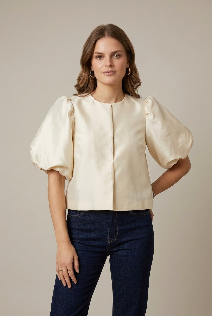 Women's Satin Puff Sleeve Cropped Blazer - Button Front Jacket