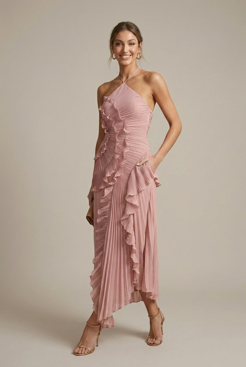 Women's Halter Ruffle Pleated Maxi Dress - Cross Back Straps