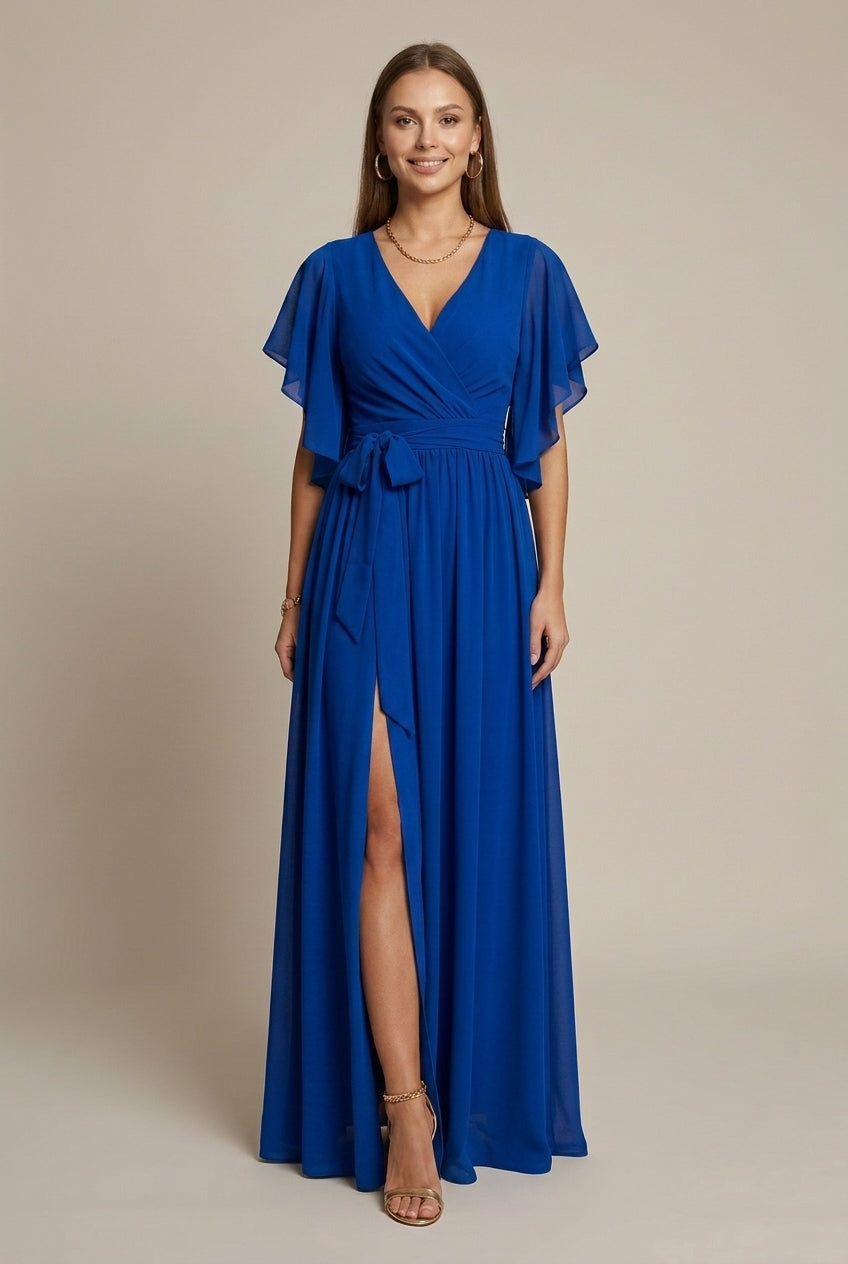 Women's Wrap Maxi Dress V-Neck Flutter Sleeve