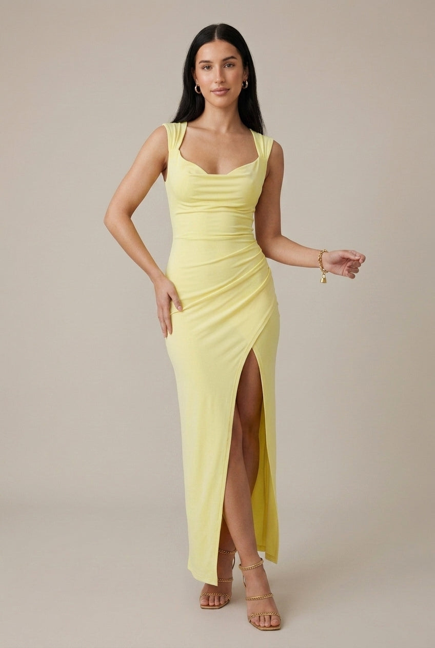 Women's Cowl Neck Maxi Dress with Side Slit and Open Tie Back