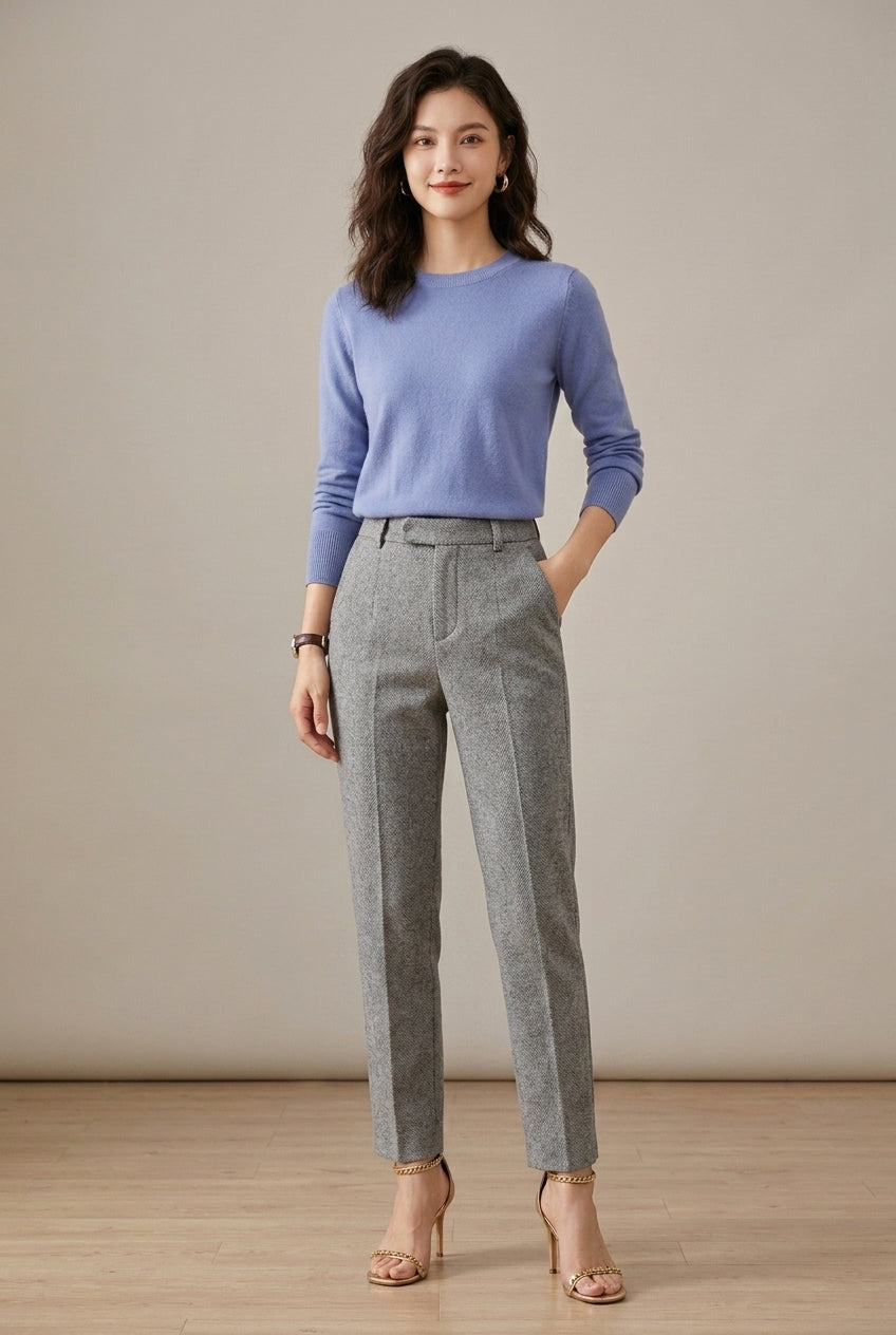 Women's High Waisted Herringbone Pleated Palazzo Pants