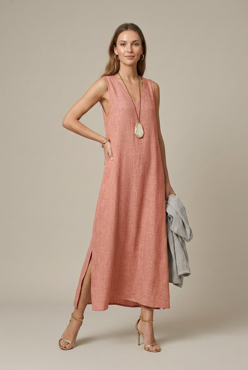 Women's Linen Midi Dress V-Neck
