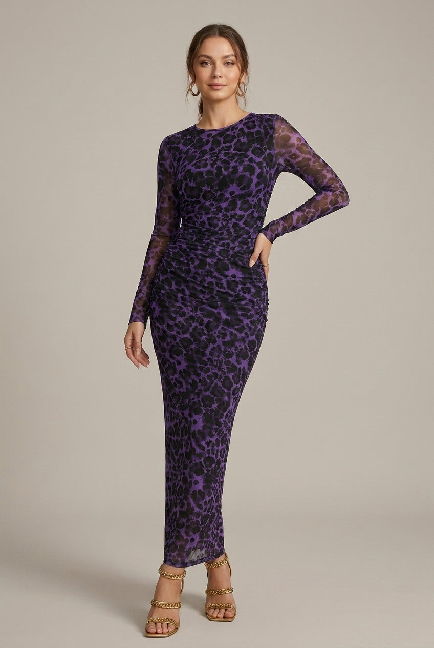 Women's Leopard Print Long Sleeve Ruched Bodycon Maxi Dress