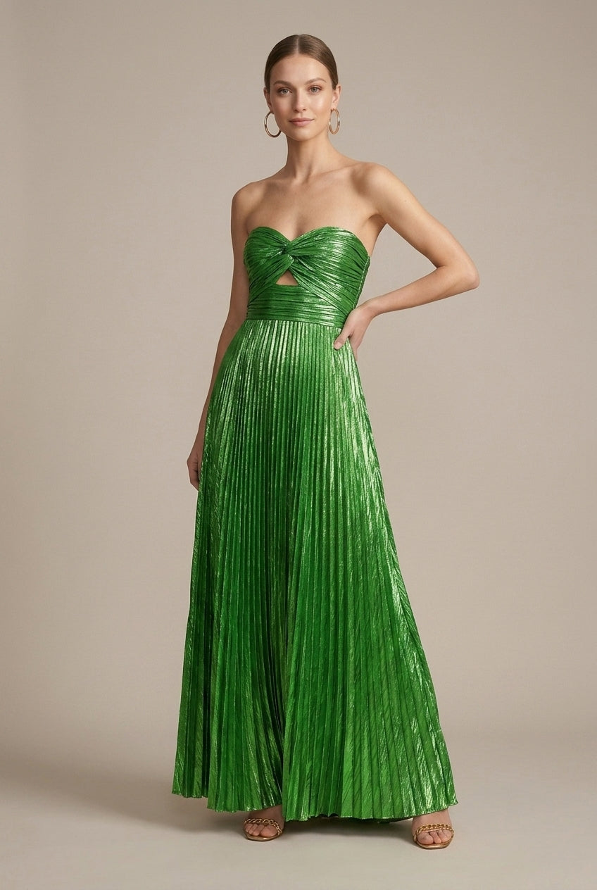 Women's Metallic Pleated Strapless Maxi Dress - Twist Detail